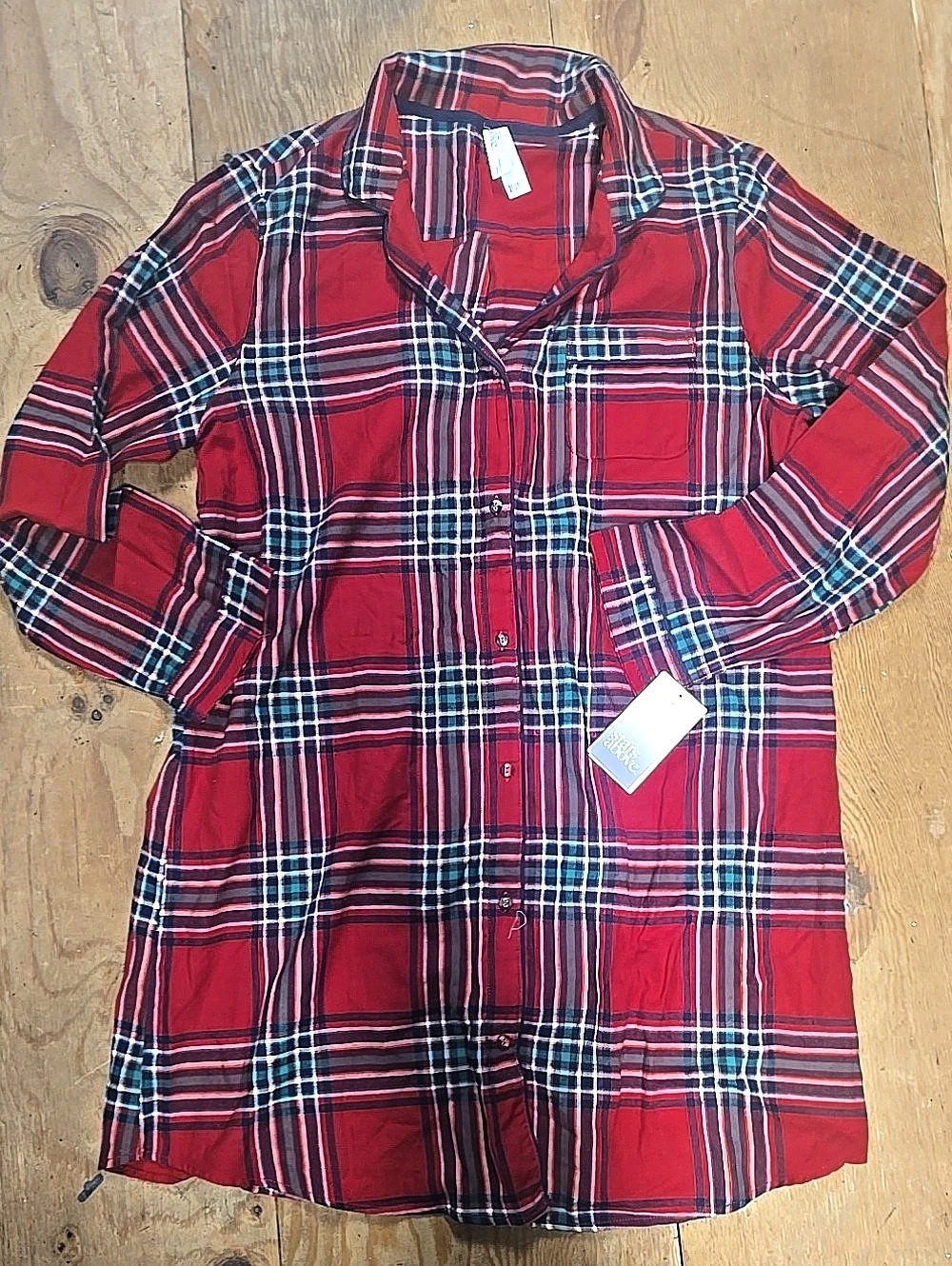 NWT Stars Above Flannel Notch Collar Sleep Shirt Red & Green Medium